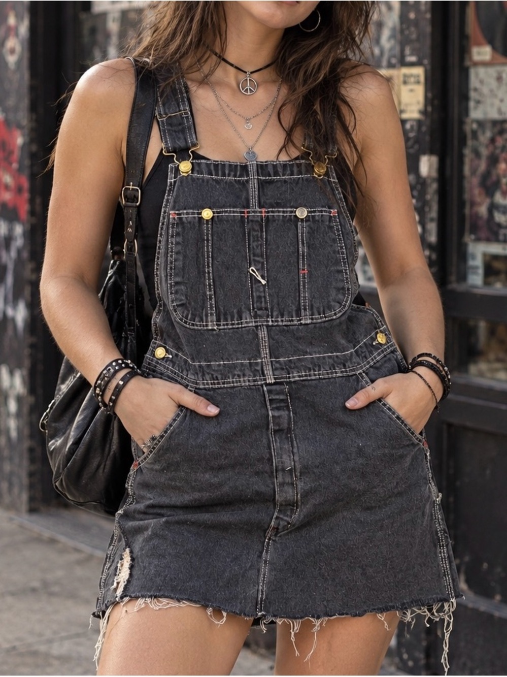 Dickies Black Washed Denim Overall Skirt, Grunge, Street Wear, Distressed